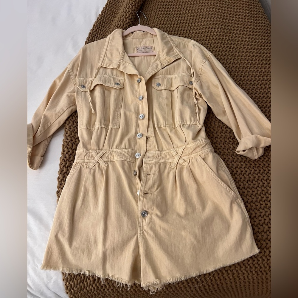 Free People Beige Button-Front Utility Romper
